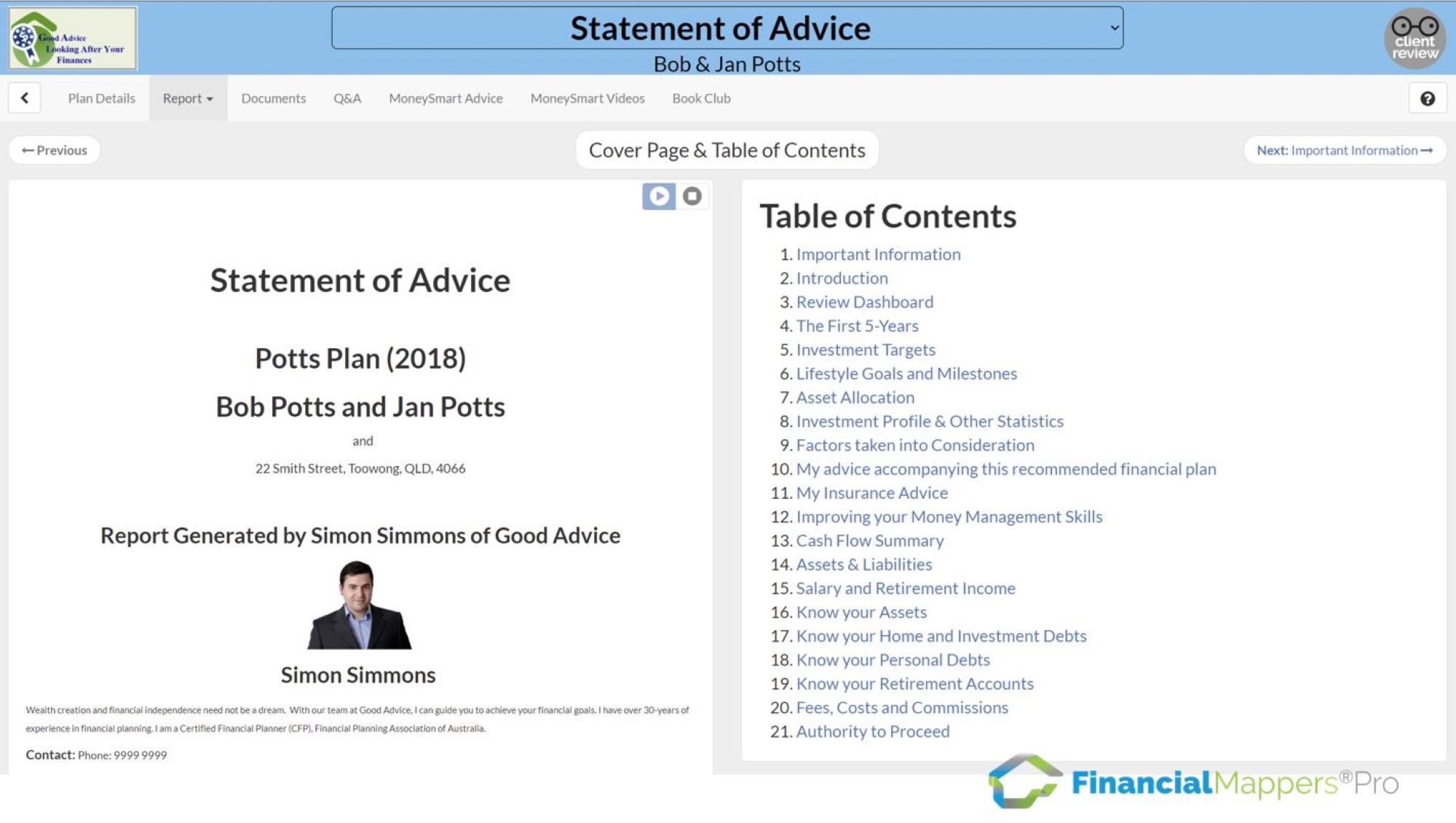 Statement of Advice report generated by a Financial Adviser using Financial Mappers Pro software moving through the contents one section at a time.