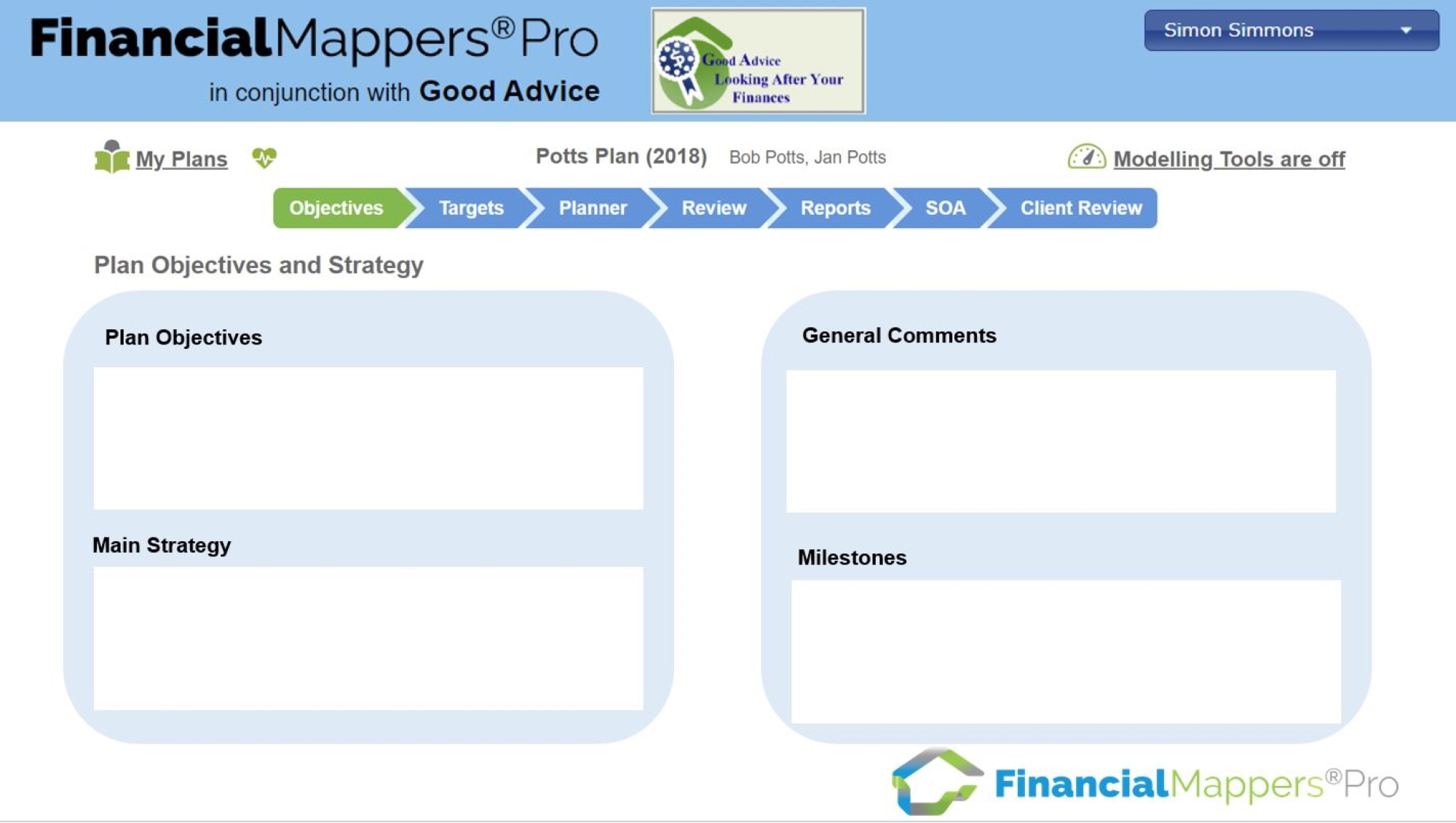 Financial Adviser reviewing Plan Objectives, Main Strategy, General Comments and Milestones in Financial Mappers Pro. financial planning software