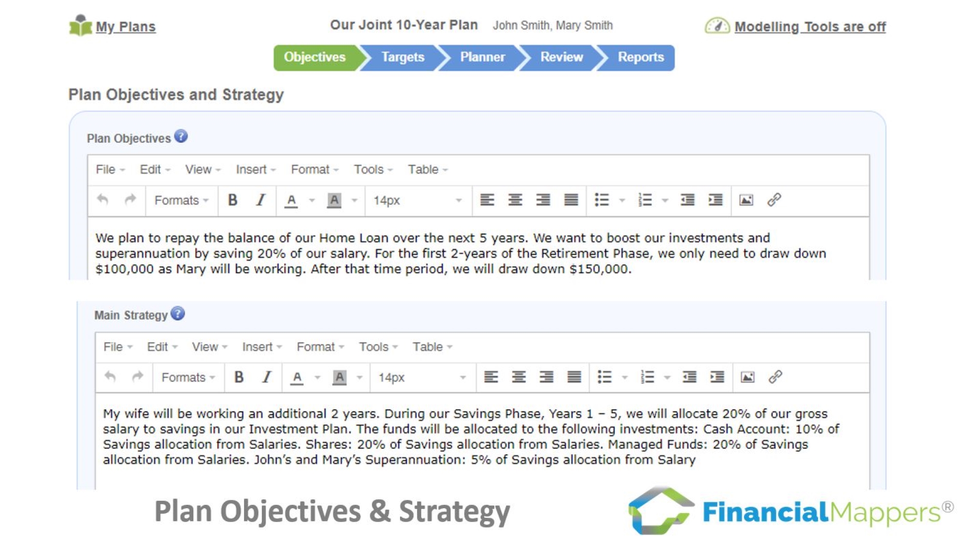 Joint financial plan showing Plan Objectives and Strategy to achieve objectives using Financial Mappers Cash Flow modelling software.