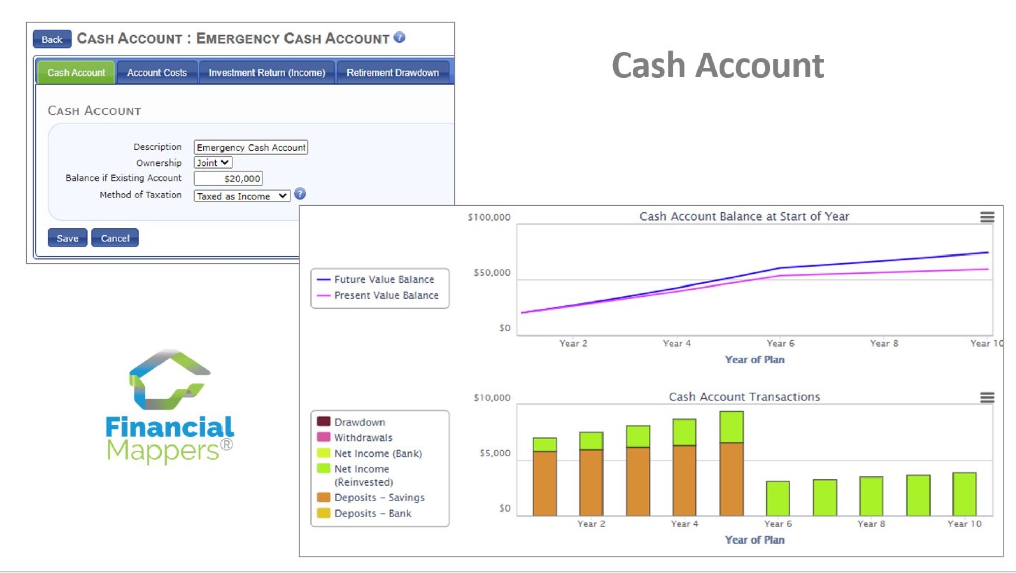 Add details of an Emergency Cash Account to Financial Mappers which is cash flow modelling software for investors, Financial Advisers, Accountants and Mortgage Brokers.