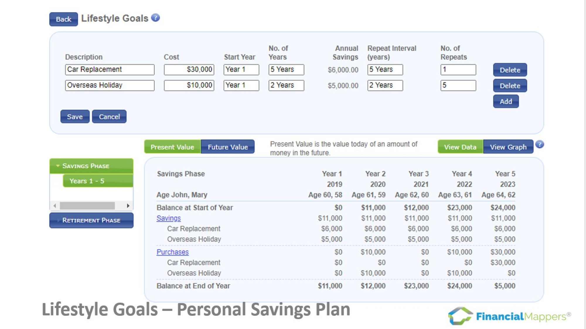 Screenshot. Adding a Lifestyle Goal such as Car Replacement or Saving for a Holiday in Financial Mappers cash flow modelling software for DIY Investors, Financial Advisers, Accountants and Mortgage Brokers.