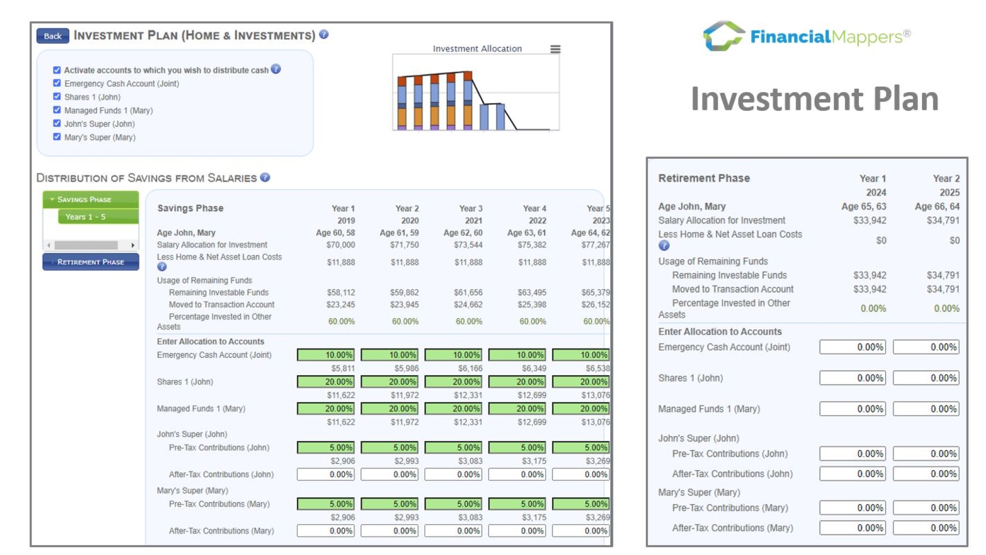 Screenshot creating an Investment Plan using Financial Mappers software for management of Home ownership, Investments and Superannuation.