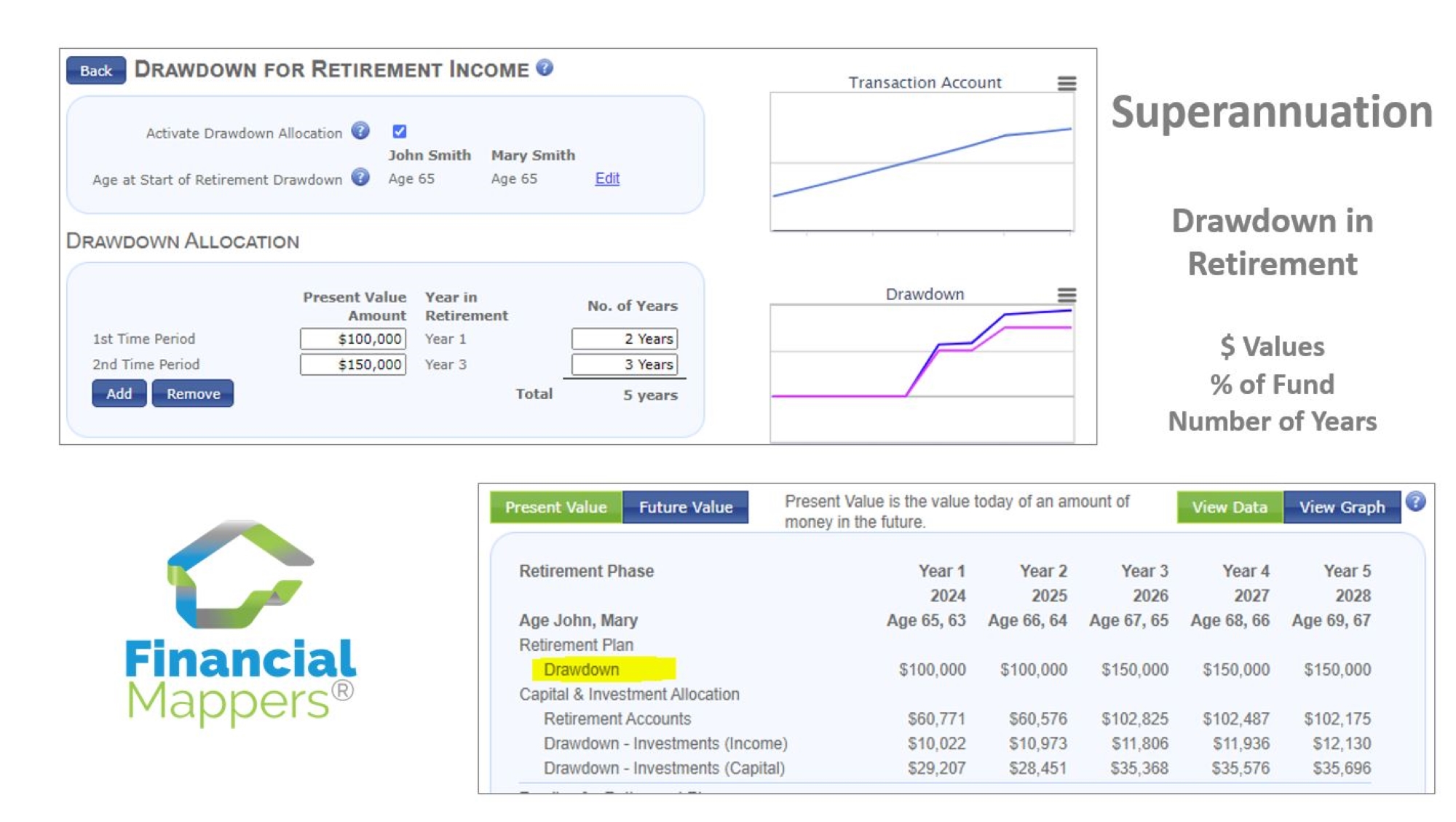 Screenshot of managing drawdown of Superannuation in Retirement using Financial Mappers cash flow software for investors, Financial Advisers, Accountants and Mortgage Brokers.