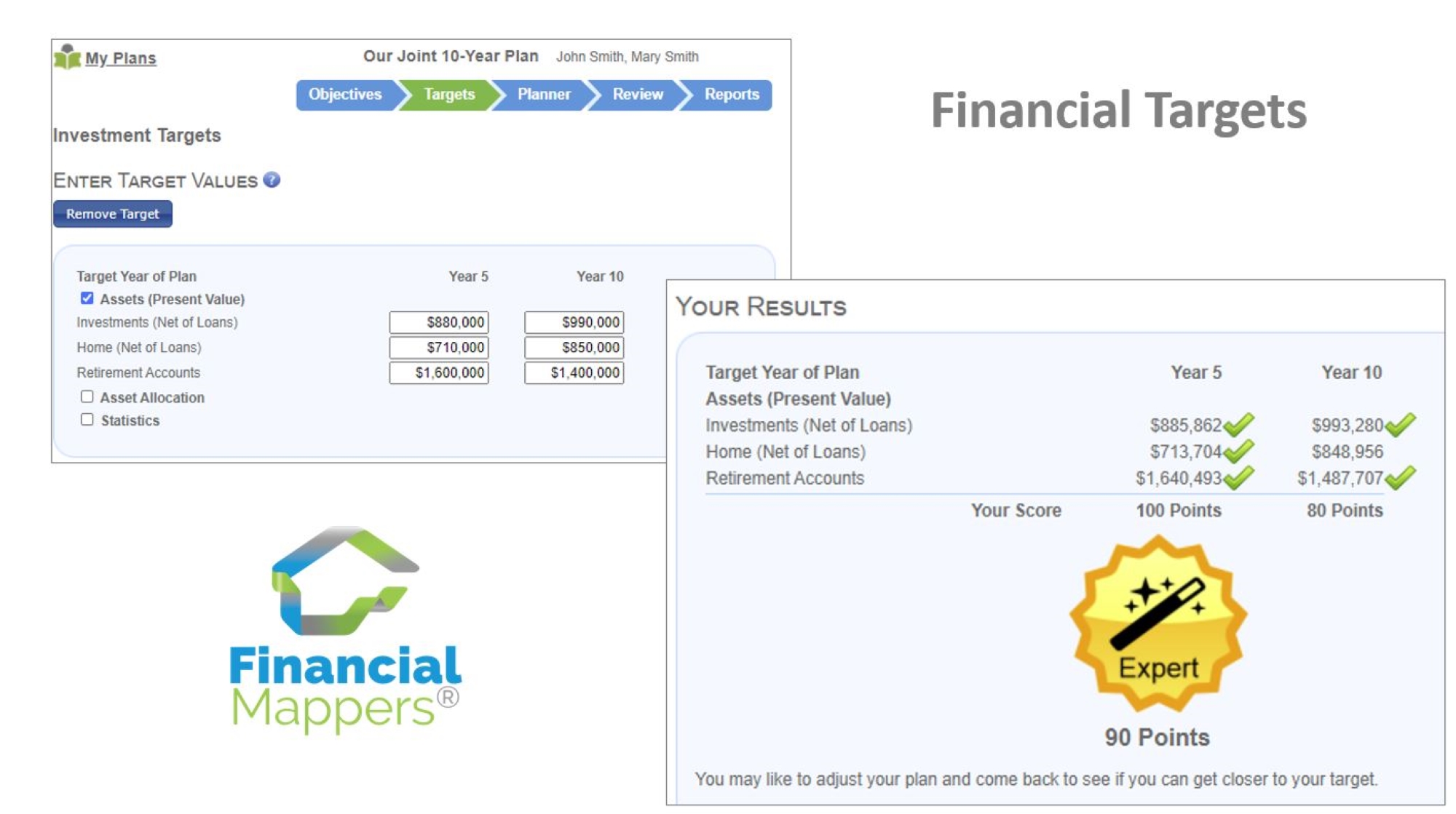 Screenshot page where you set Financial Targets in a Financial Mappers Financial Plan and measure results against the target value for Investments, Home Ownership and Superannuation.