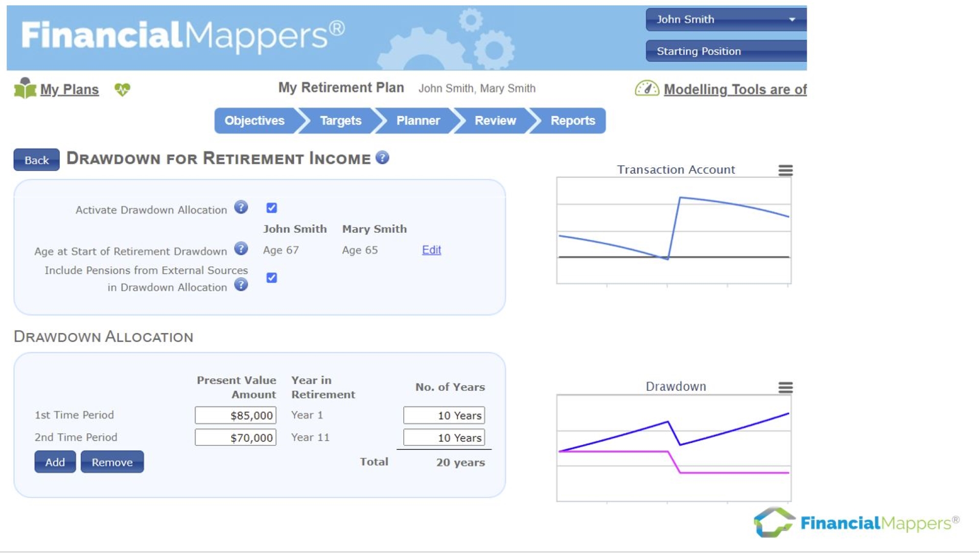 Screenshot of allocating a Drawdown amount for Retirement Income in Financial Mappers software