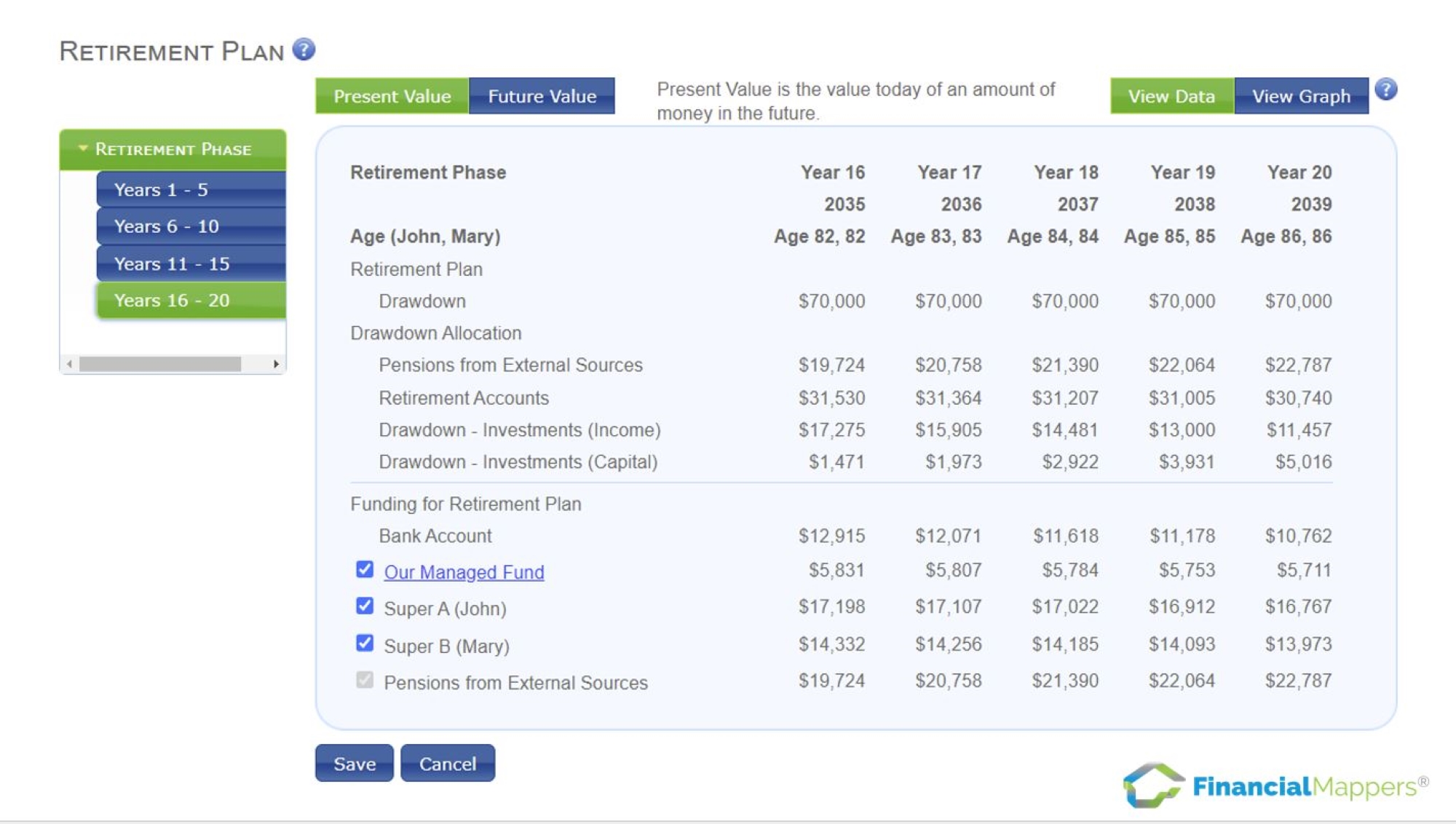 Screenshot of Data view of Retirement Plan, showing Drawdown Allocation and accounts from which Drawdown is funded in Financial Mappers.