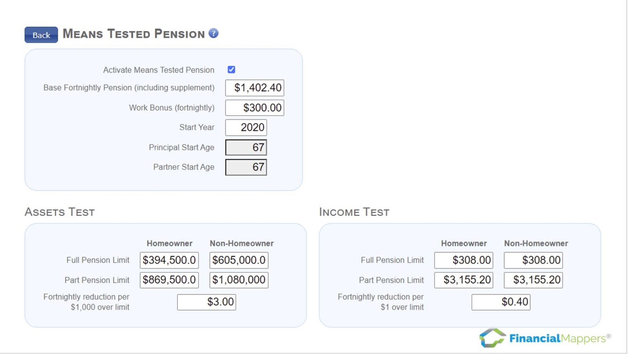 Means Tested Pension Thresholds for Asset Test and Income Test in Financial Mappers cash flow modelling software.